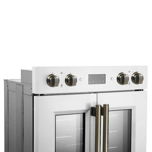 FORNO - Asti 30-Inch Double Electric Wall Oven with Upper French Doors in White & Antique Brass, 7.36 cu. ft. Dual True Convection, 7,200W, Air Fry, Sous Vide, Self-Clean