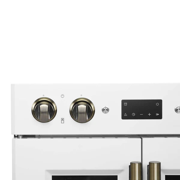 FORNO - Asti 30-Inch Double Electric Wall Oven with Upper French Doors in White &amp; Antique Brass, 7.36 cu. ft. Dual True Convection, 7,200W, Air Fry, Sous Vide, Self-Clean