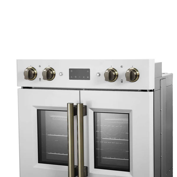 FORNO - Asti 30-Inch Double Electric Wall Oven with Upper French Doors in White &amp; Antique Brass, 7.36 cu. ft. Dual True Convection, 7,200W, Air Fry, Sous Vide, Self-Clean
