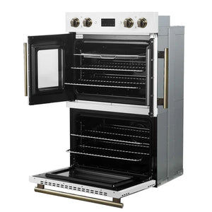 FORNO - Asti 30-Inch Double Electric Wall Oven with Upper French Doors in White & Antique Brass, 7.36 cu. ft. Dual True Convection, 7,200W, Air Fry, Sous Vide, Self-Clean