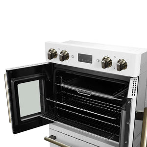 FORNO - Asti 30-Inch Double Electric Wall Oven with Upper French Doors in White & Antique Brass, 7.36 cu. ft. Dual True Convection, 7,200W, Air Fry, Sous Vide, Self-Clean