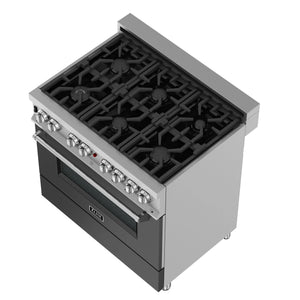 ZLINE - 36 in. 4.6 cu. ft. Legacy Dual Fuel Range with 6 Burner Gas Cooktop and Electric Convection Oven in Satin Stainless Steel and Black Matte Door