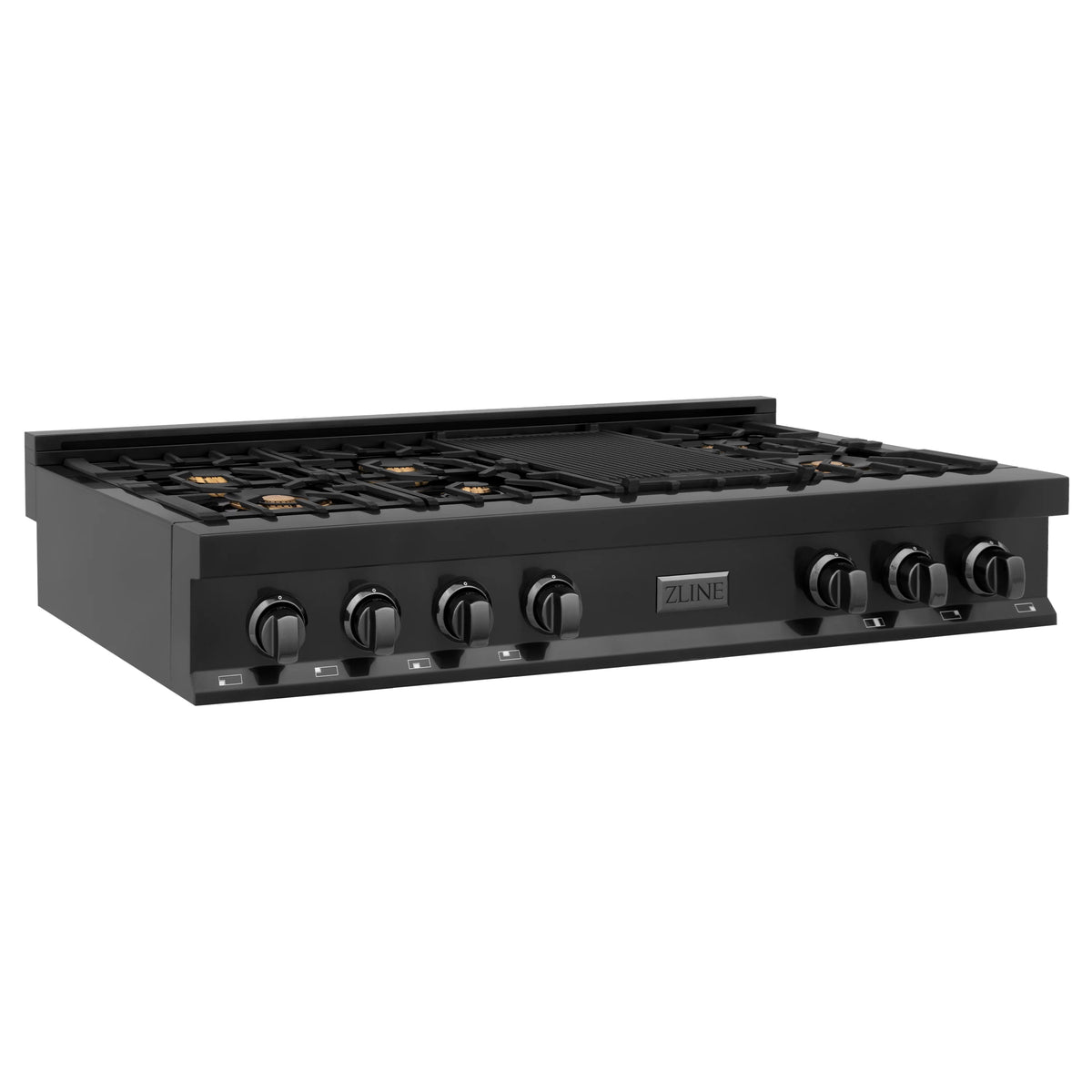 ZLINE - 48&quot; Porcelain Gas Stovetop in Black Stainless Steel with 7 Gas Brass Burners and Griddle (RTB-48)