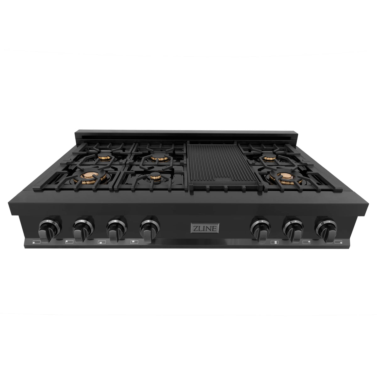ZLINE - 48&quot; Porcelain Gas Stovetop in Black Stainless Steel with 7 Gas Brass Burners and Griddle (RTB-48)