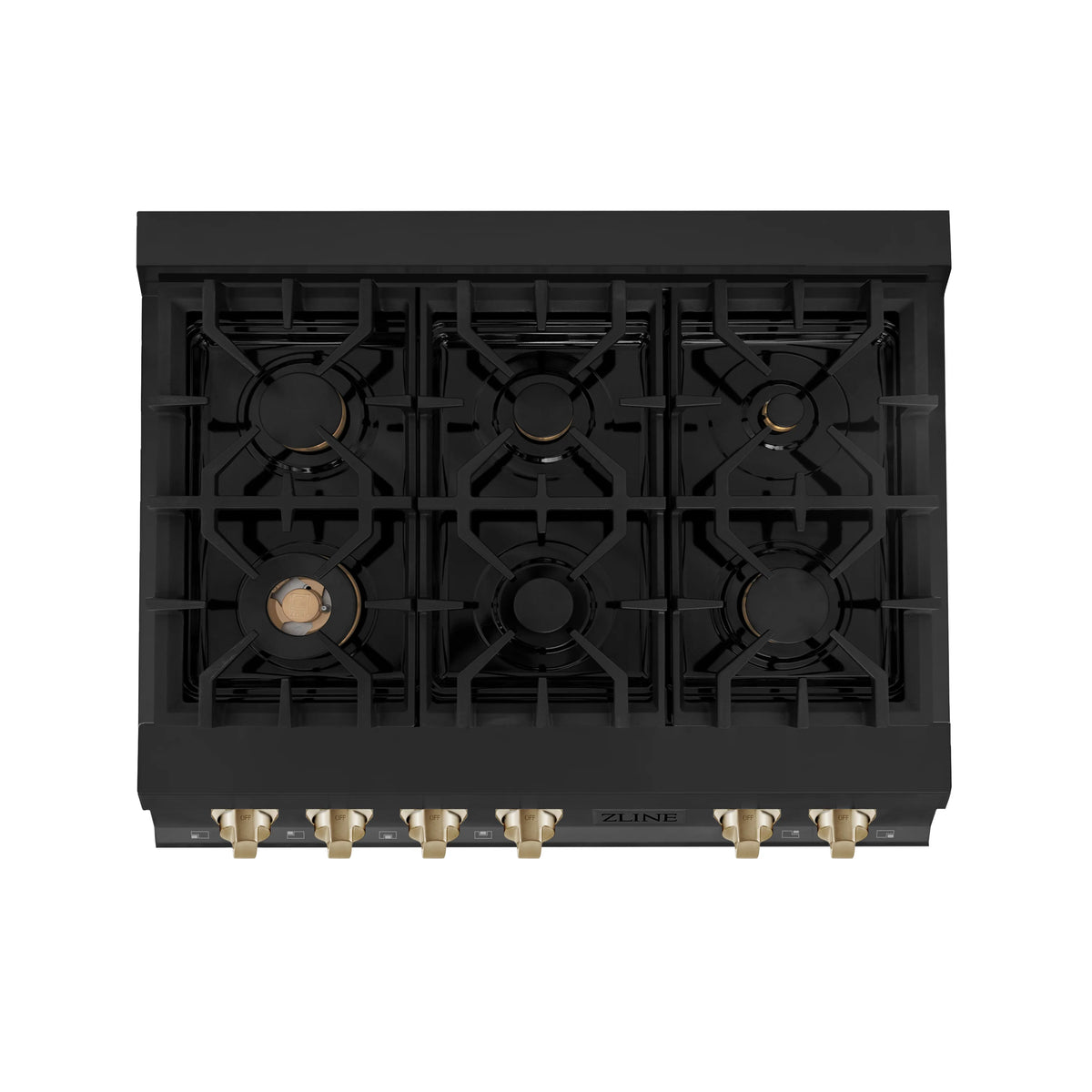 ZLINE - Autograph Edition 36&quot; Porcelain Rangetop with 6 Gas Burners in Black Stainless Steel and Gold Accents (RTBZ-36-G)