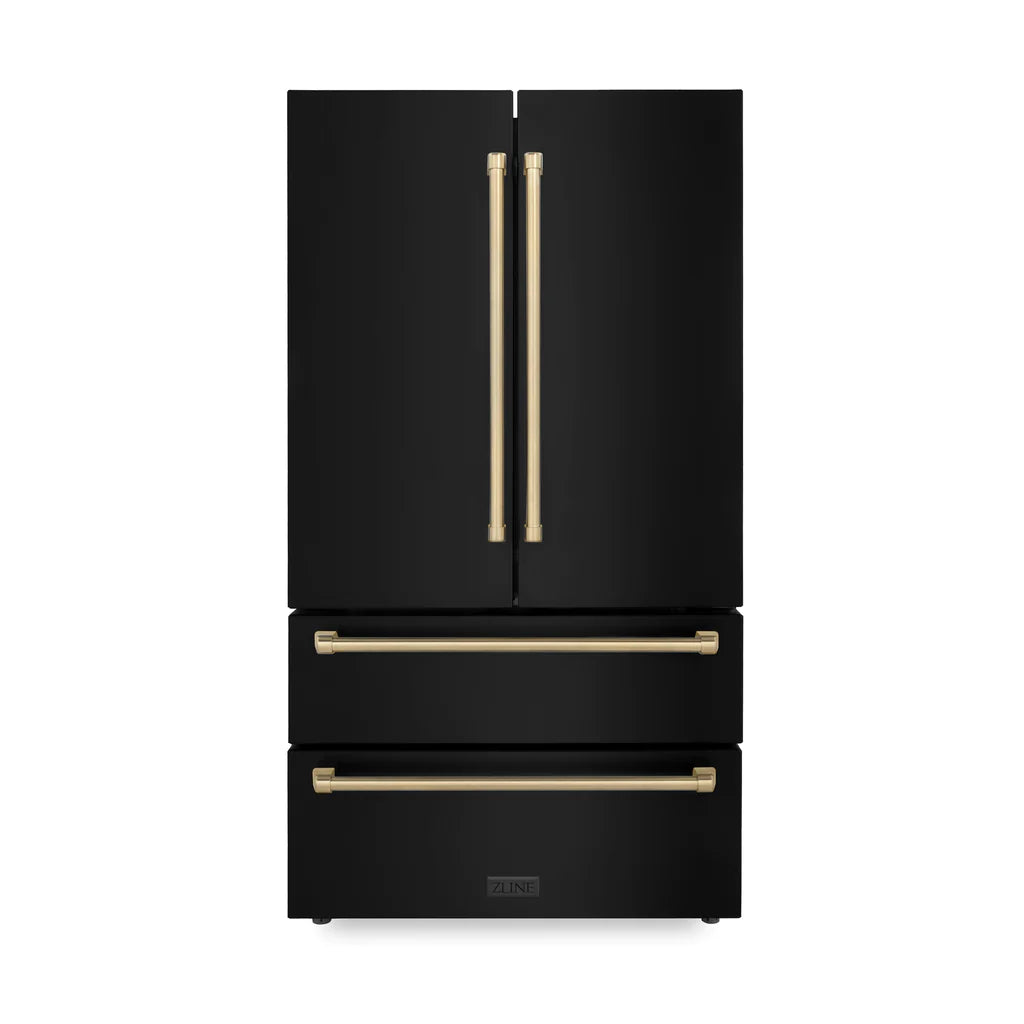 ZLINE - 48&quot; Autograph Edition Kitchen Package, Black Stainless Steel Dual Fuel Range, Range Hood, Dishwasher, Refrigeration, Champagne Bronze Accents