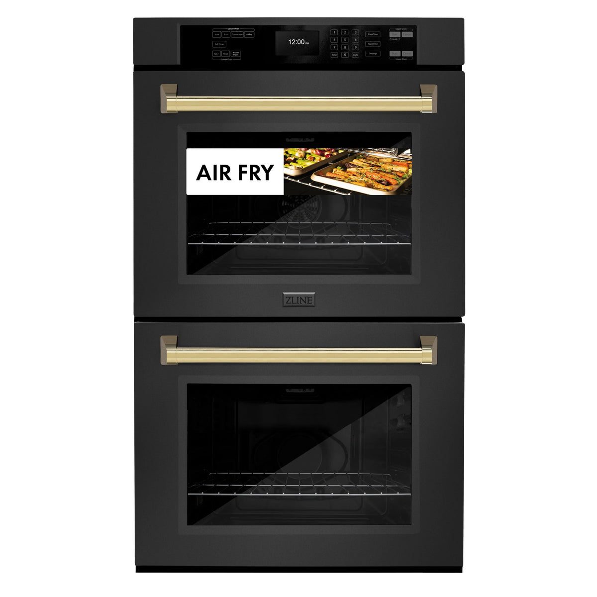 ZLINE - 30 in. Autograph Edition Professional True Convection Double Wall Oven with Air Fry and Self Clean in Black Stainless Steel with Polished Gold Handles