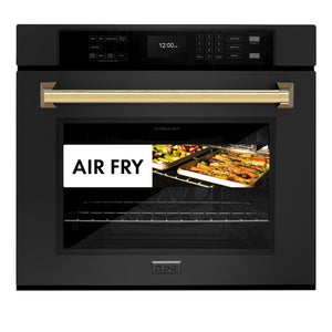 ZLINE - 30 in. Autograph Edition Professional True Convection Single Wall Oven with Air Fry and Self Clean in Black Stainless Steel with Polished Gold Handle