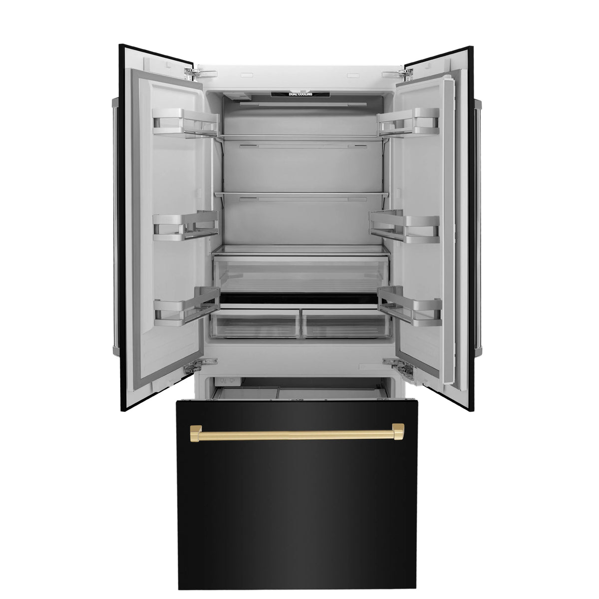 ZLINE - Autograph Edition 36 in. 19.6 cu. ft. French Door Built-In Bottom Freezer Refrigerator with Water Dispenser and Ice Maker in Black Stainless Steel with Polished Gold Accents