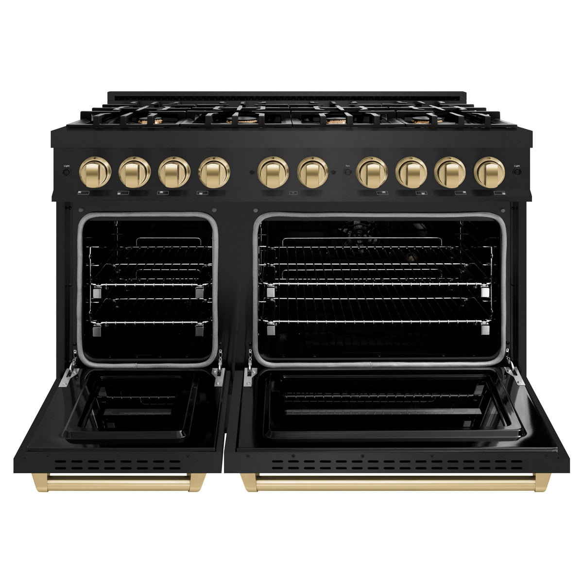 ZLINE - Autograph Edition 48 in. 6.7 cu. ft. Classic Double Oven Dual Fuel Range with 8 Burner Gas Cooktop in Black Stainless Steel and Champagne Bronze Accents