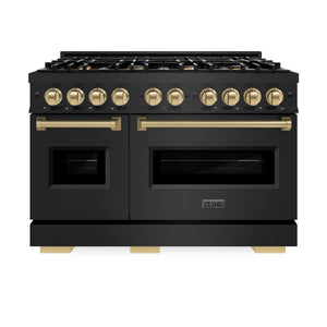 ZLINE - Autograph Edition 48 in. 6.7 cu. ft. Classic Double Oven Dual Fuel Range with 8 Burner Gas Cooktop in Black Stainless Steel and Champagne Bronze Accents