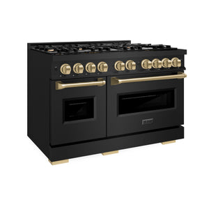 ZLINE - Autograph Edition 48 in. 6.7 cu. ft. Classic Double Oven Dual Fuel Range with 8 Burner Gas Cooktop in Black Stainless Steel and Champagne Bronze Accents