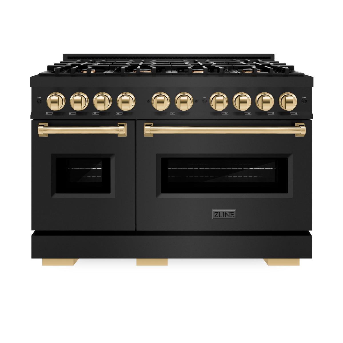 ZLINE - Autograph Edition 48 in. 6.7 cu. ft. Classic Double Oven Dual Fuel Range with 8 Burner Gas Cooktop in Black Stainless Steel and Polished Gold Accents