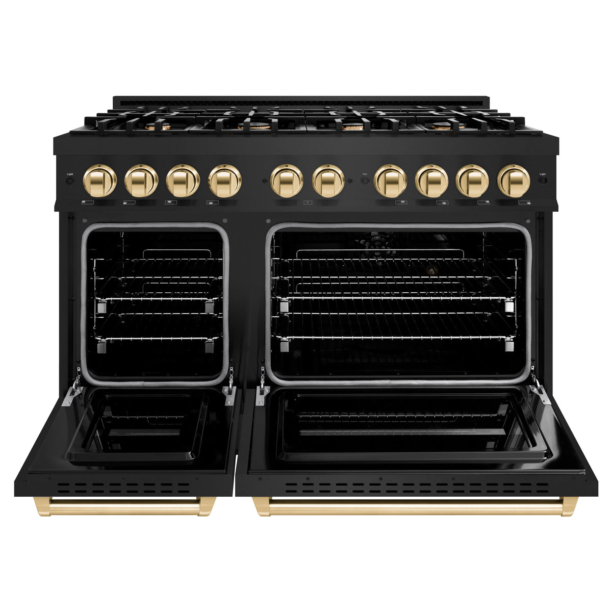 ZLINE - Autograph Edition 48 in. 6.7 cu. ft. Classic Double Oven Gas Range with 8 Burner Cooktop in Black Stainless Steel and Polished Gold Accents