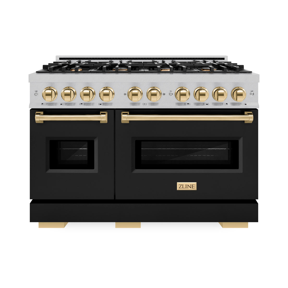 ZLINE - Autograph Edition 48 in. 6.7 cu. ft. Classic Double Oven Dual Fuel Range with 8 Burner Gas Cooktop in Satin Stainless Steel with Black Matte Doors and Polished Gold Accents