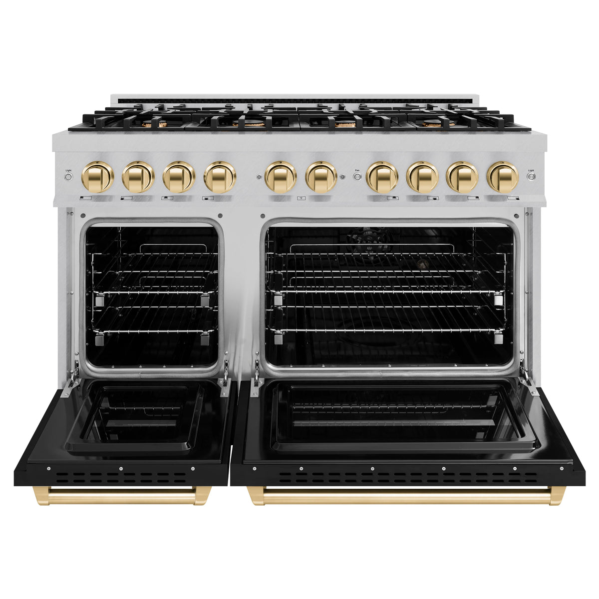 ZLINE - Autograph Edition 48 in. 6.7 cu. ft. Classic Double Oven Dual Fuel Range with 8 Burner Gas Cooktop in Satin Stainless Steel with Black Matte Doors and Polished Gold Accents