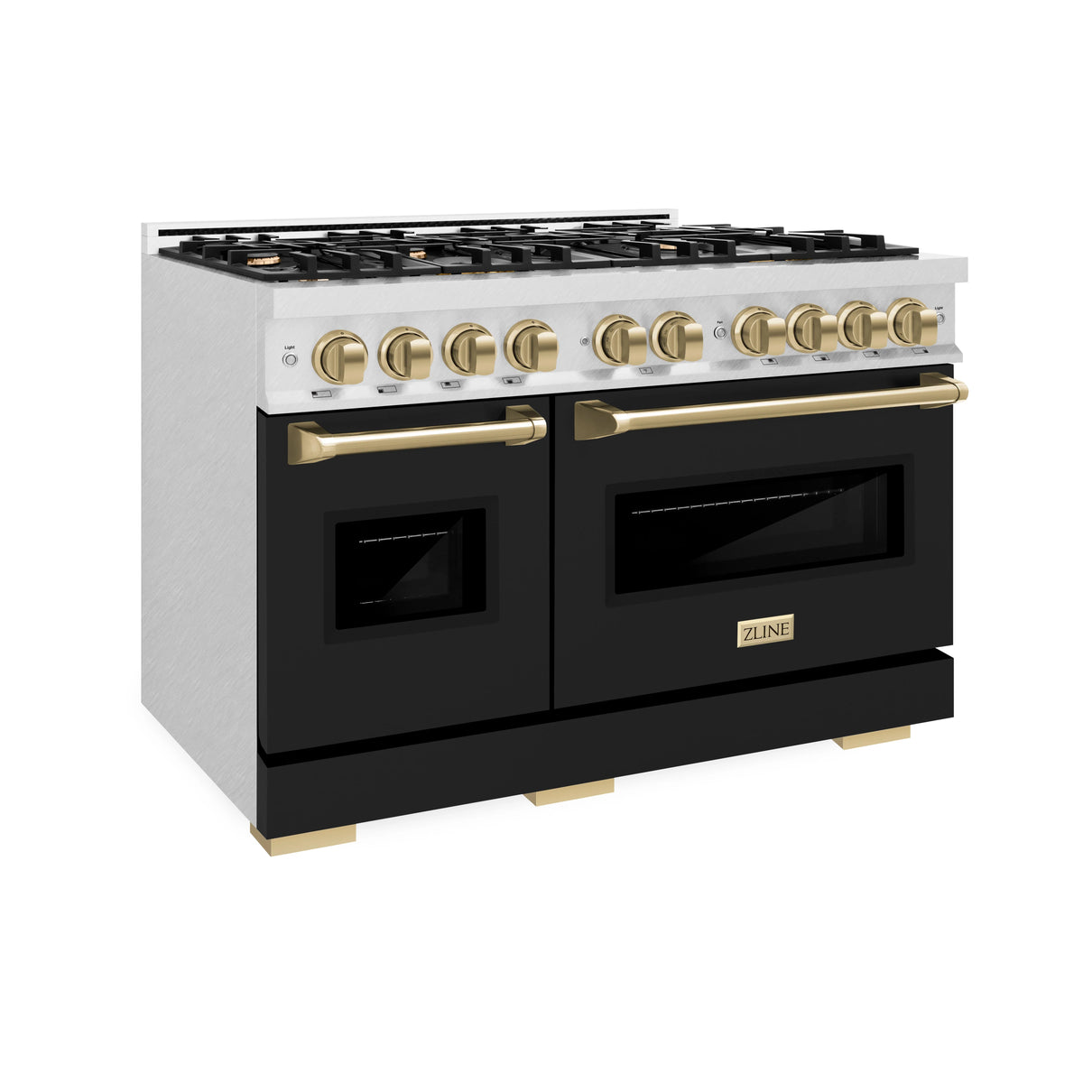 ZLINE - Autograph Edition 48 in. 6.7 cu. ft. Classic Double Oven Gas Range with 8 Burner Cooktop in Satin Stainless Steel with Black Matte Doors and Champagne Bronze Accents