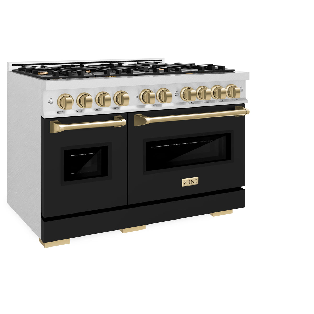 ZLINE - Autograph Edition 48 in. 6.7 cu. ft. Classic Double Oven Gas Range with 8 Burner Cooktop in Satin Stainless Steel with Black Matte Doors and Champagne Bronze Accents