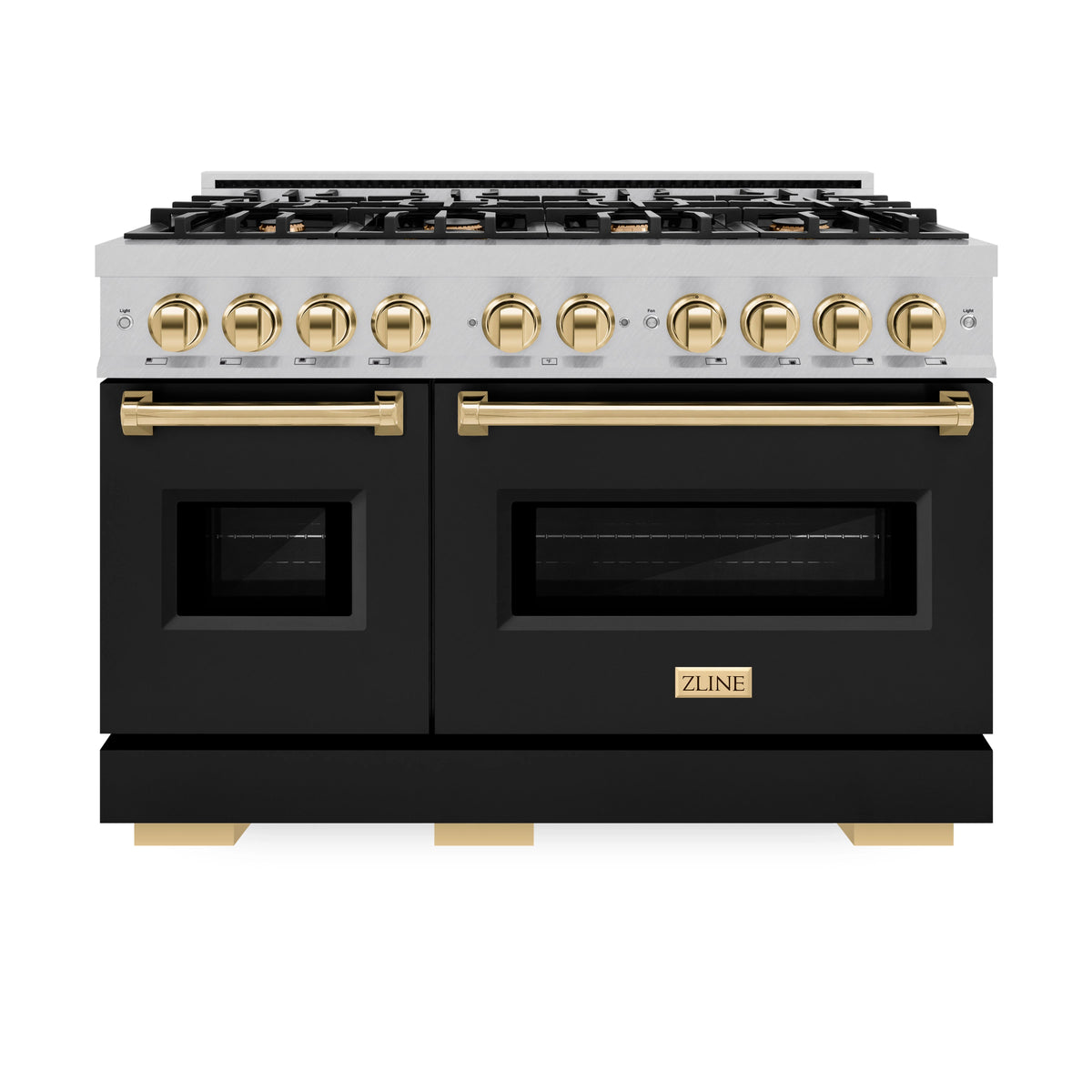 ZLINE - Autograph Edition 48 in. 6.7 cu. ft. Classic Double Oven Gas Range with 8 Burner Cooktop in Satin Stainless Steel with Black Matte Doors and Polished Gold Accents