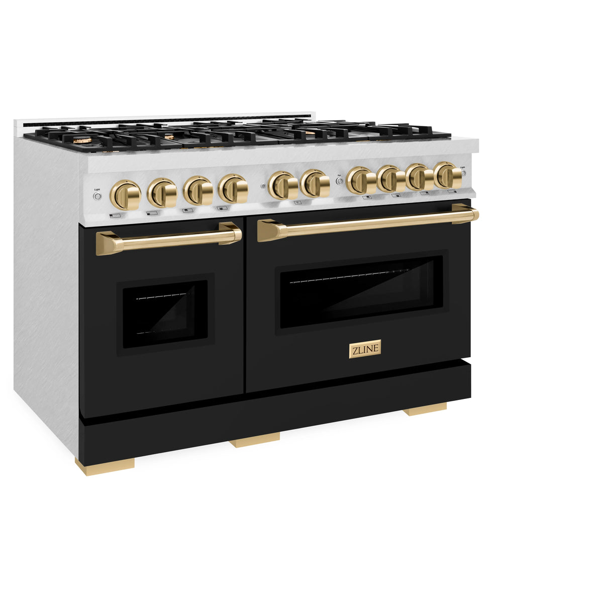 ZLINE - Autograph Edition 48 in. 6.7 cu. ft. Classic Double Oven Gas Range with 8 Burner Cooktop in Satin Stainless Steel with Black Matte Doors and Polished Gold Accents