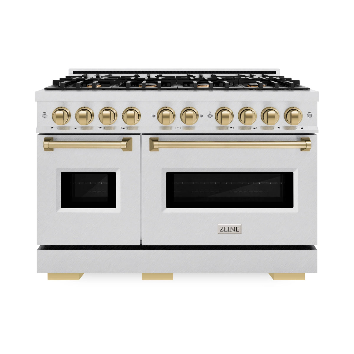 ZLINE - Autograph Edition 48 in. 6.7 cu. ft. Classic Double Oven Dual Fuel Range with 8 Burner Gas Cooktop in Satin Stainless Steel and Champagne Bronze Accents