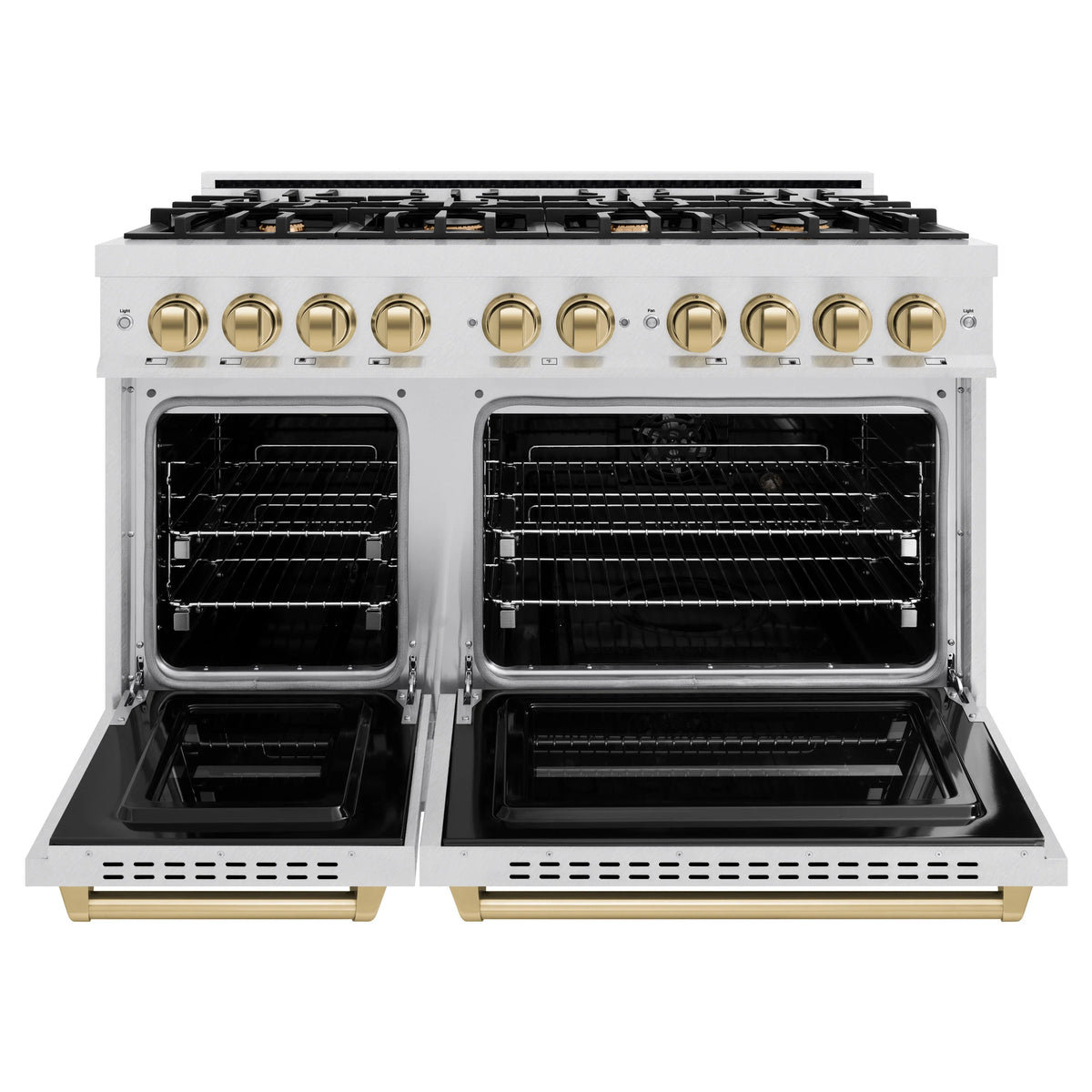 ZLINE - Autograph Edition 48 in. 6.7 cu. ft. Classic Double Oven Dual Fuel Range with 8 Burner Gas Cooktop in Satin Stainless Steel and Champagne Bronze Accents