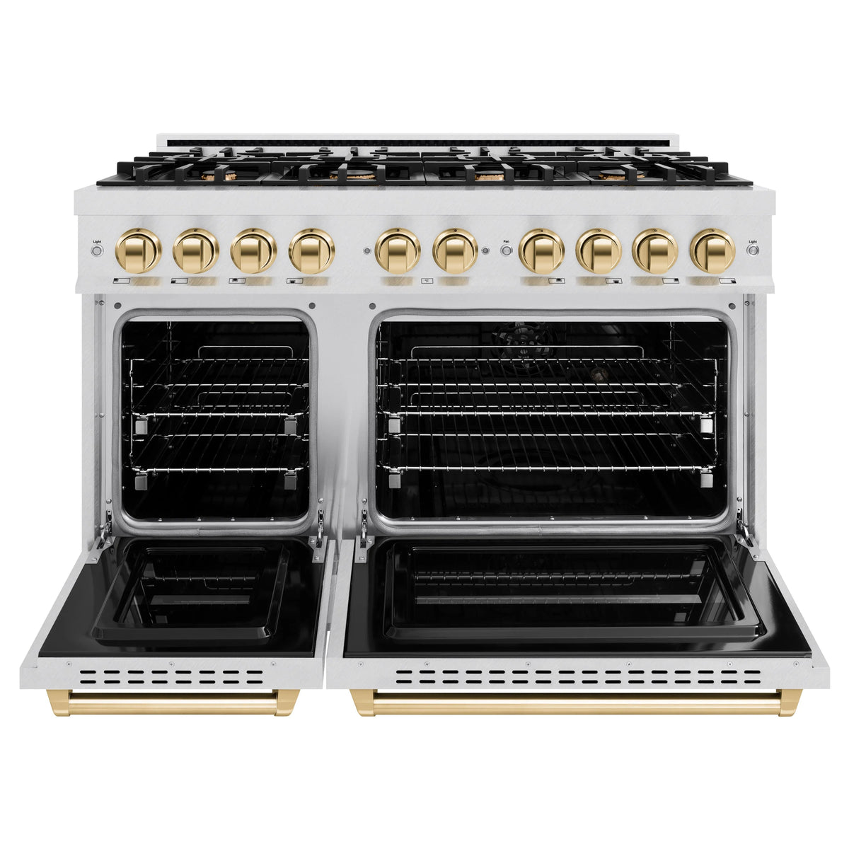 ZLINE - Autograph Edition 48 in. 6.7 cu. ft. Classic Double Oven Dual Fuel Range with 8 Burner Gas Cooktop in Satin Stainless Steel and Polished Gold Accents