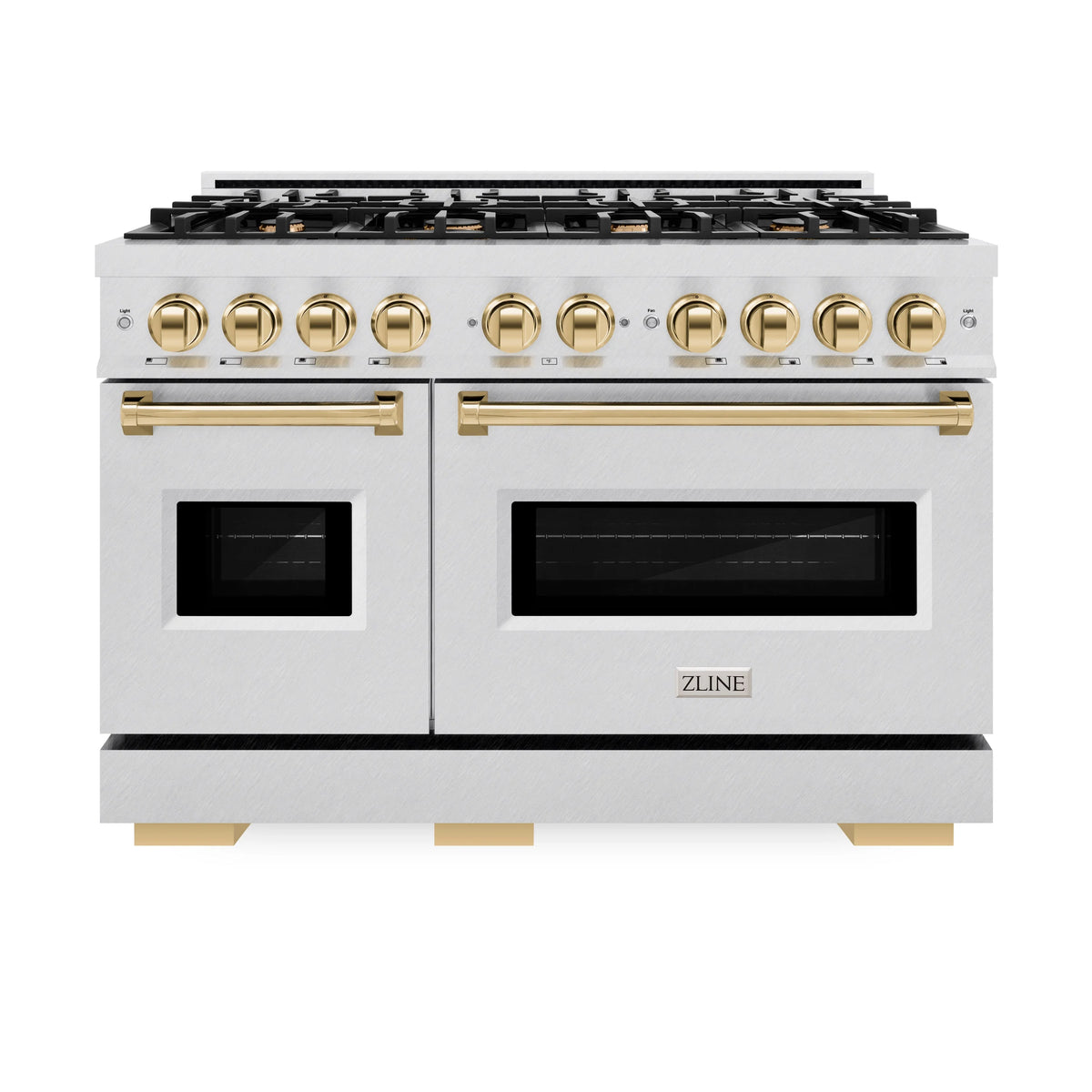 ZLINE - Autograph Edition 48 in. 6.7 cu. ft. Classic Double Oven Dual Fuel Range with 8 Burner Gas Cooktop in Satin Stainless Steel and Polished Gold Accents