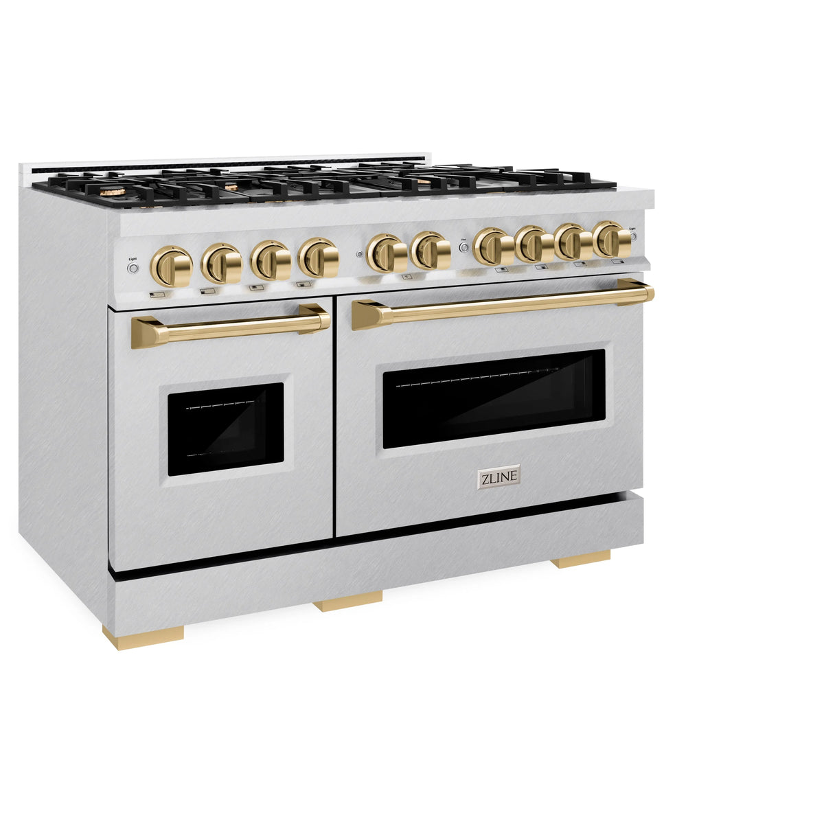 ZLINE - Autograph Edition 48 in. 6.7 cu. ft. Classic Double Oven Dual Fuel Range with 8 Burner Gas Cooktop in Satin Stainless Steel and Polished Gold Accents
