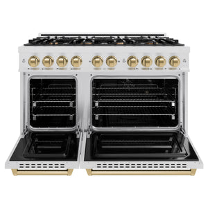 ZLINE - Autograph Edition 48 in. 6.7 cu. ft. Classic Double Oven Gas Range with 8 Burner Cooktop in Satin Stainless Steel and Champagne Bronze Accents