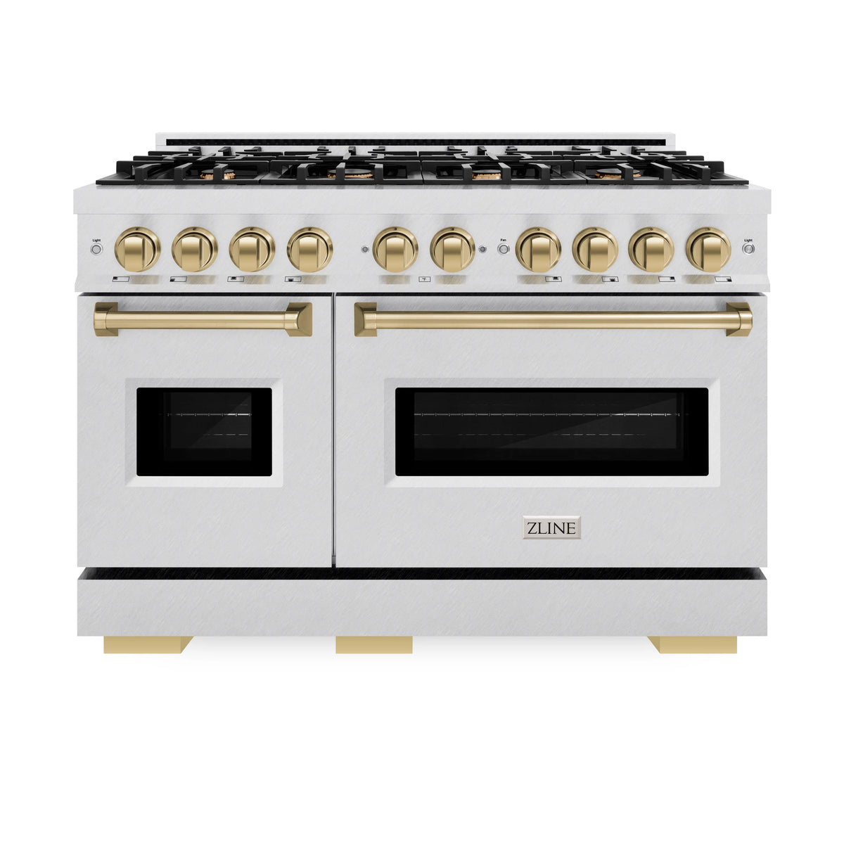 ZLINE - Autograph Edition 48 in. 6.7 cu. ft. Classic Double Oven Gas Range with 8 Burner Cooktop in Satin Stainless Steel and Champagne Bronze Accents