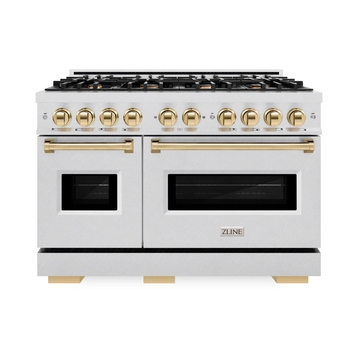 ZLINE - Autograph Edition 48 in. 6.7 cu. ft. Classic Double Oven Gas Range with 8 Burner Cooktop in Satin Stainless Steel and Polished Gold Accents