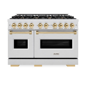 ZLINE - Autograph Edition 48 in. 6.7 cu. ft. Classic Double Oven Gas Range with 8 Burner Cooktop in Satin Stainless Steel and Polished Gold Accents