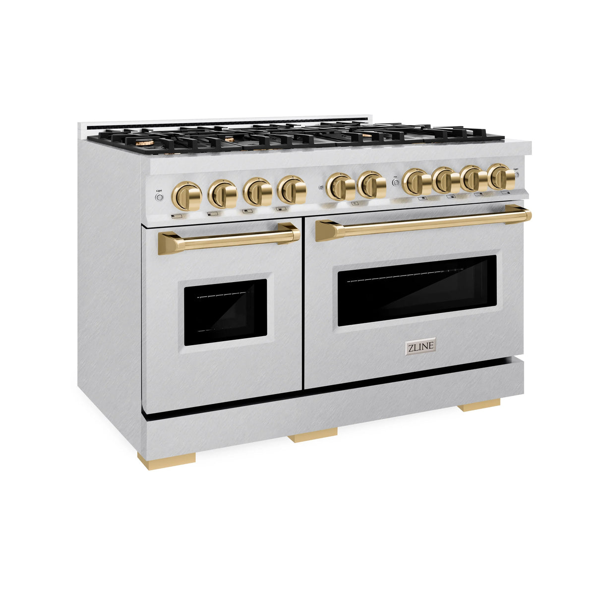 ZLINE - Autograph Edition 48 in. 6.7 cu. ft. Classic Double Oven Gas Range with 8 Burner Cooktop in Satin Stainless Steel and Polished Gold Accents