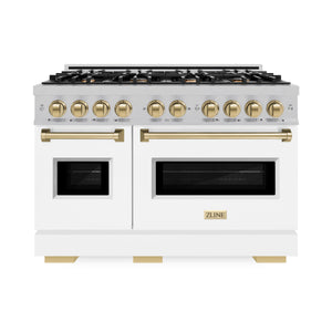 ZLINE - Autograph Edition 48 in. 6.7 cu. ft. Classic Double Oven Dual Fuel Range with 8 Burner Gas Cooktop in Satin Stainless Steel with White Matte Doors and Champagne Bronze Accents