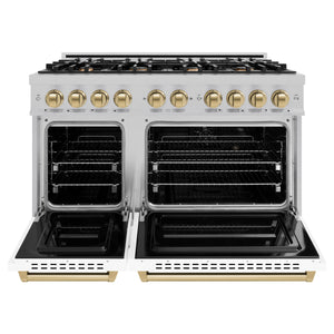 ZLINE - Autograph Edition 48 in. 6.7 cu. ft. Classic Double Oven Dual Fuel Range with 8 Burner Gas Cooktop in Satin Stainless Steel with White Matte Doors and Champagne Bronze Accents