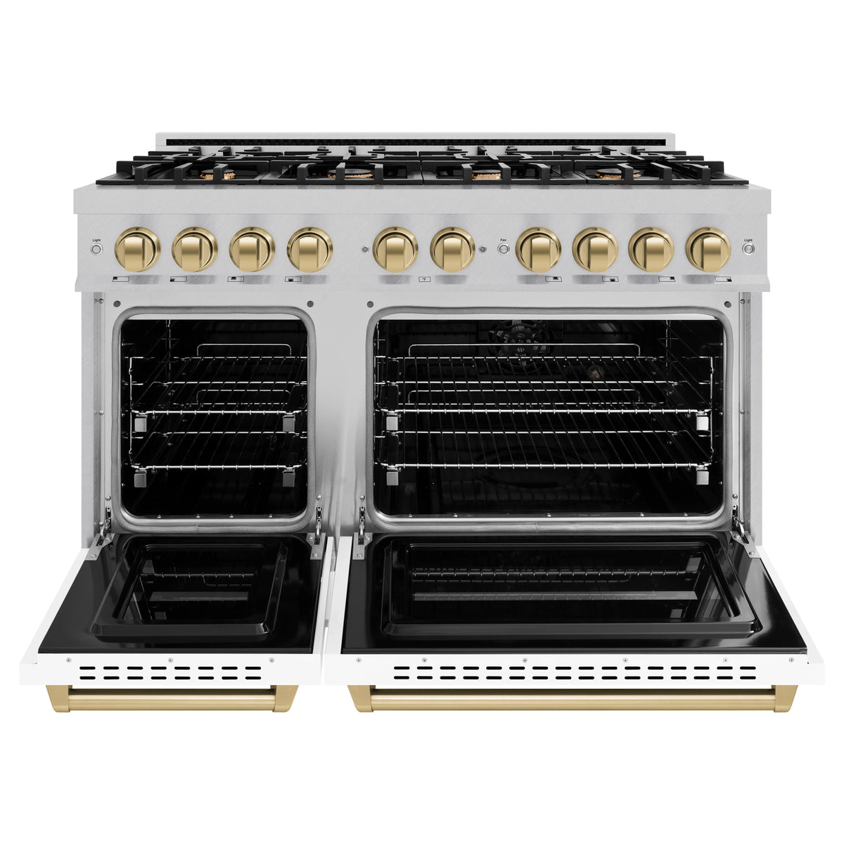 ZLINE - Autograph Edition 48 in. 6.7 cu. ft. Classic Double Oven Dual Fuel Range with 8 Burner Gas Cooktop in Satin Stainless Steel with Black Matte Doors and Champagne Bronze Accents