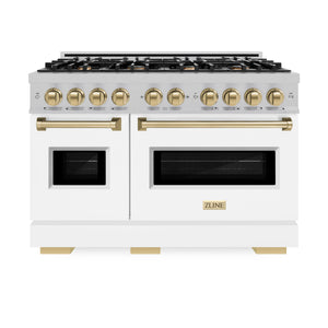 ZLINE - Autograph Edition 48 in. 6.7 cu. ft. Classic Double Oven Dual Fuel Range with 8 Burner Gas Cooktop in Satin Stainless Steel with White Matte Doors and Champagne Bronze Accents
