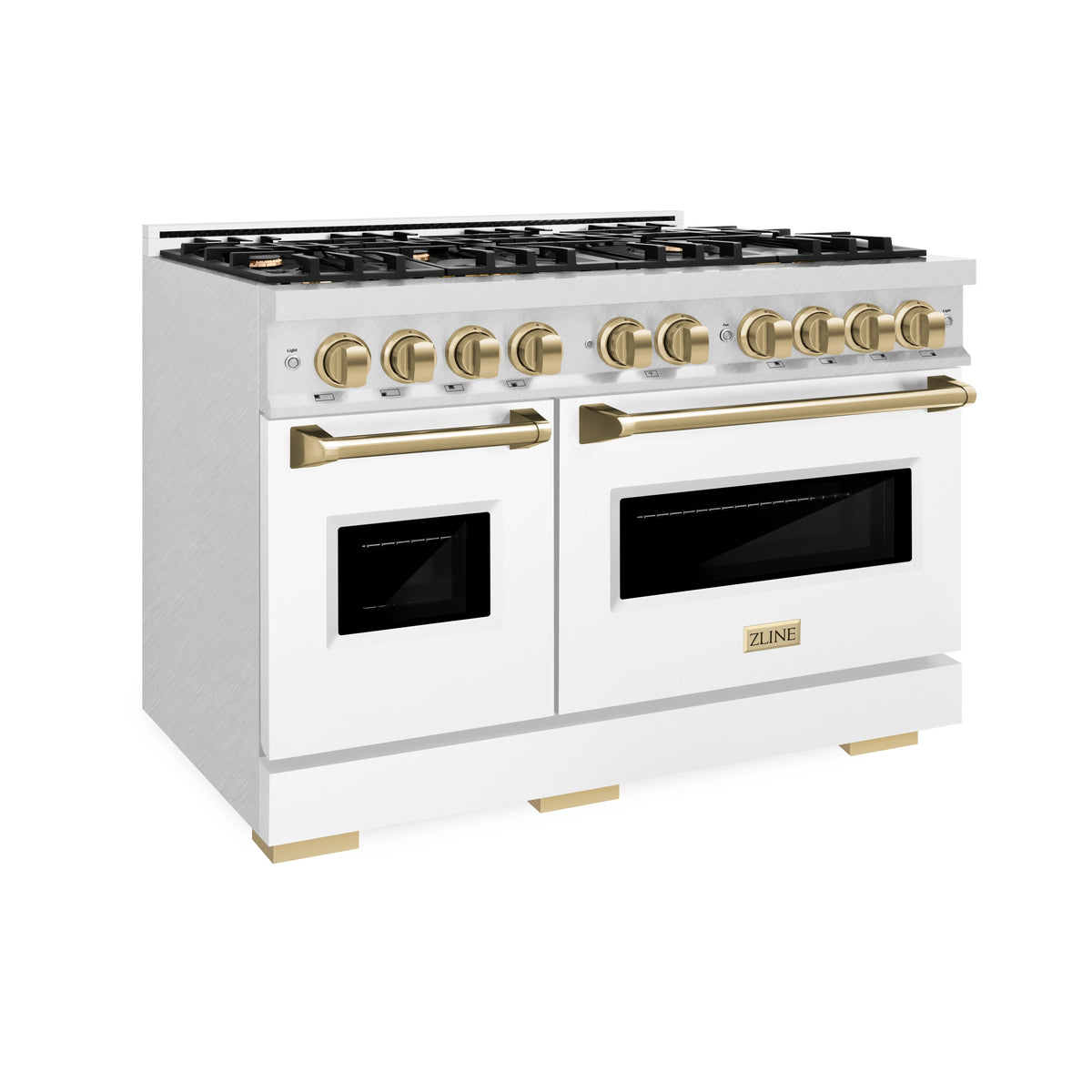ZLINE - Autograph Edition 48 in. 6.7 cu. ft. Classic Double Oven Dual Fuel Range with 8 Burner Gas Cooktop in Satin Stainless Steel with Black Matte Doors and Champagne Bronze Accents