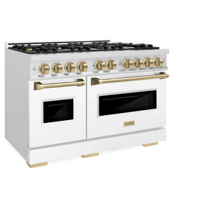 ZLINE - Autograph Edition 48 in. 6.7 cu. ft. Classic Double Oven Dual Fuel Range with 8 Burner Gas Cooktop in Satin Stainless Steel with White Matte Doors and Champagne Bronze Accents