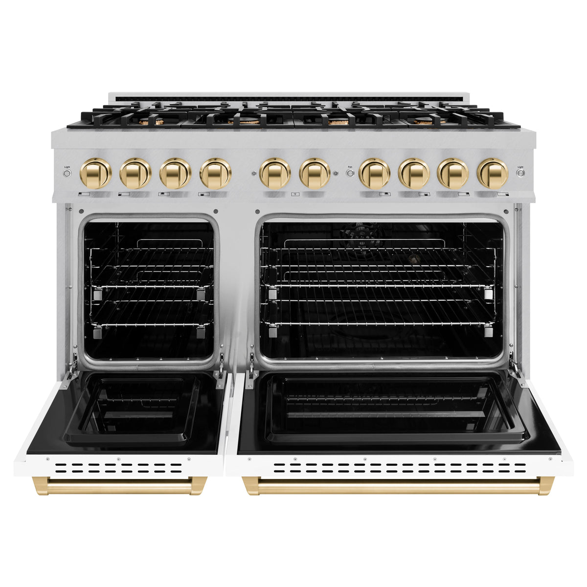 ZLINE - Autograph Edition 48 in. 6.7 cu. ft. Classic Double Oven Dual Fuel Range with 8 Burner Gas Cooktop in Satin Stainless Steel with White Matte Doors and Polished Gold Accents
