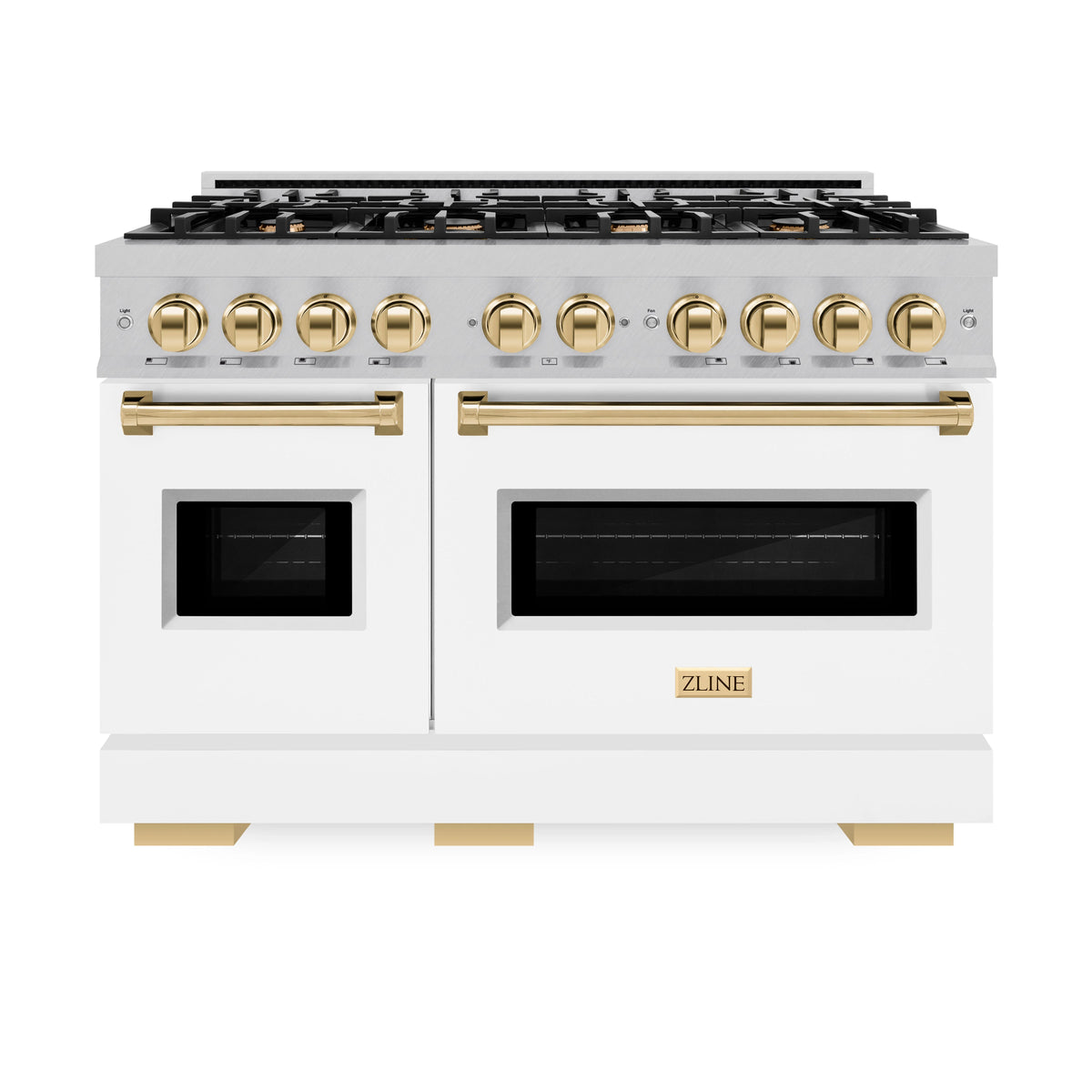 ZLINE - Autograph Edition 48 in. 6.7 cu. ft. Classic Double Oven Dual Fuel Range with 8 Burner Gas Cooktop in Satin Stainless Steel with White Matte Doors and Polished Gold Accents