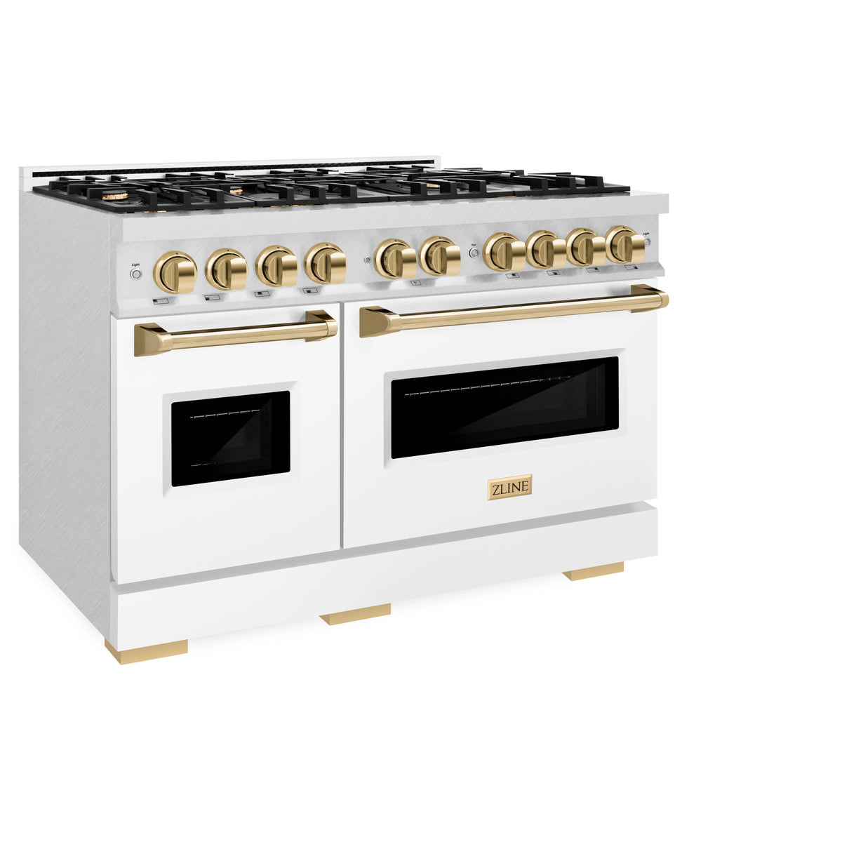 ZLINE - Autograph Edition 48 in. 6.7 cu. ft. Classic Double Oven Gas Range with 8 Burner Cooktop in Satin Stainless Steel with White Matte Doors and Polished Gold Accents
