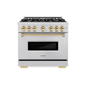 ZLINE - Autograph Edition 36 in. 5.2 cu. ft. Classic Dual Fuel Range with 6 Burner Gas Cooktop and Electric Convection Oven in Stainless Steel with Polished Gold Accents