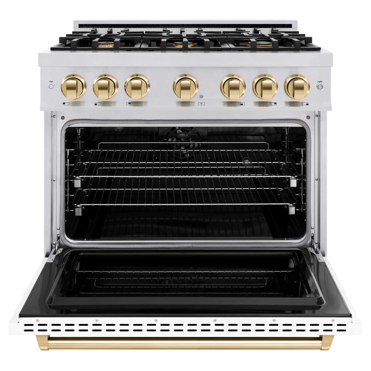 ZLINE - Autograph Edition 36 in. 5.2 cu. ft. Classic Dual Fuel Range with 6 Burner Gas Cooktop and Electric Convection Oven in Stainless Steel with White Matte Door and Polished Gold Accents