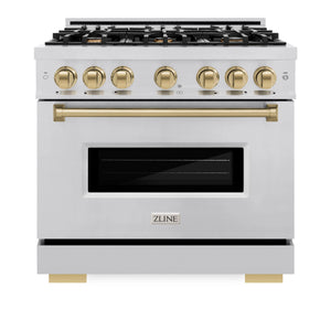 ZLINE - Autograph Edition 36 in. 5.2 cu. ft. Classic Gas Range with 6 Burner Cooktop and Convection Gas Oven in Stainless Steel and Champagne Bronze Accents