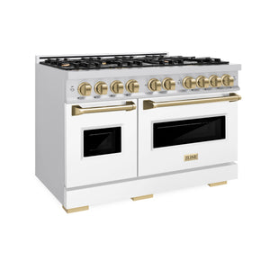 ZLINE - Autograph Edition 48 in. 6.7 cu. ft. Classic Double Oven Dual Fuel Range with 8 Burner Gas Cooktop in Stainless Steel with White Matte Doors and Champagne Bronze Accents