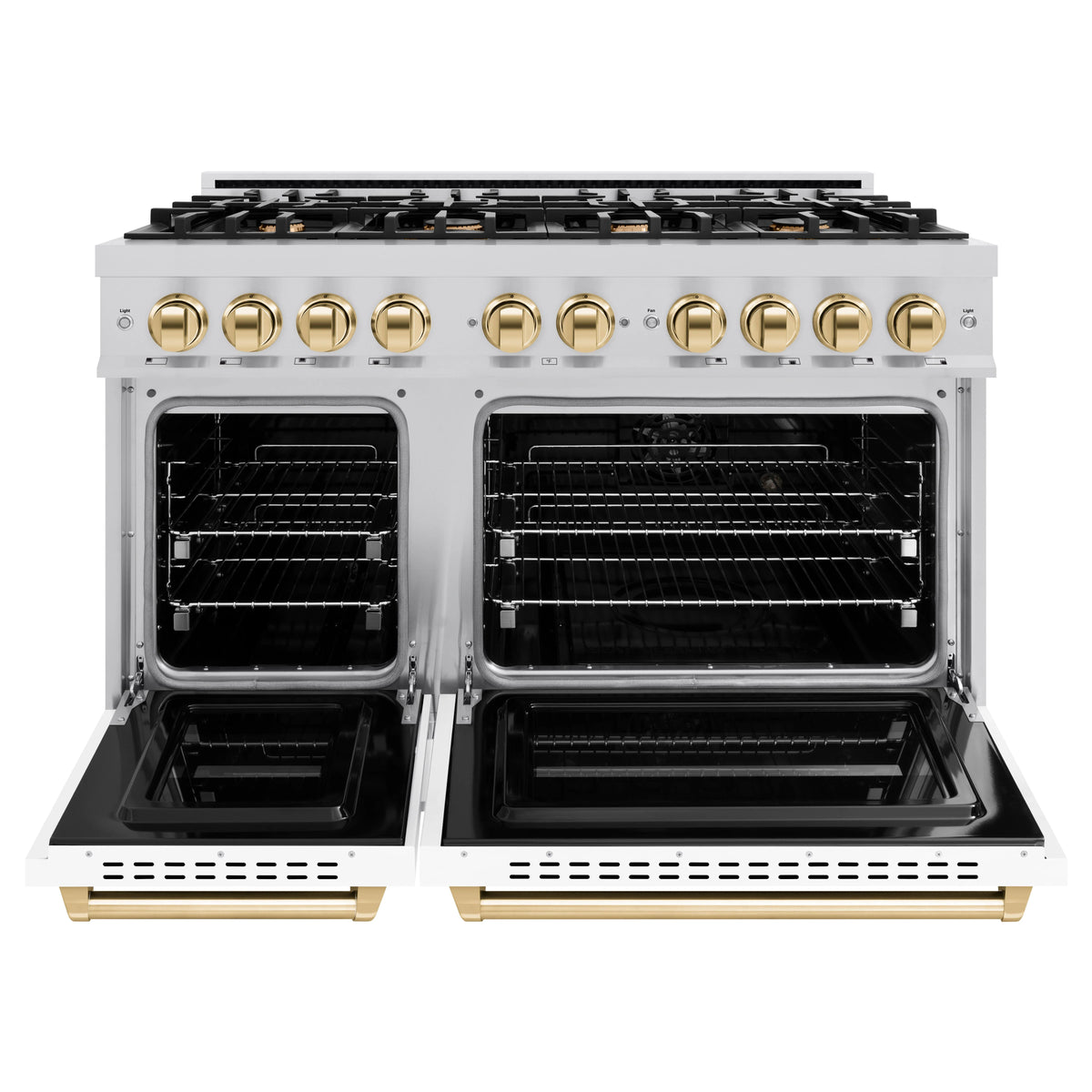 ZLINE - Autograph Edition 48 in. 6.7 cu. ft. Classic Double Oven Dual Fuel Range with 8 Burner Gas Cooktop in Stainless Steel with White Matte Door and Polished Gold Accents