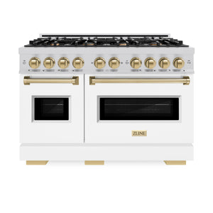 ZLINE - Autograph Edition 48 in. 6.7 cu. ft. Classic Double Oven Gas Range with 8 Burner Cooktop in Stainless Steel with White Matte Doors and Champagne Bronze Accents