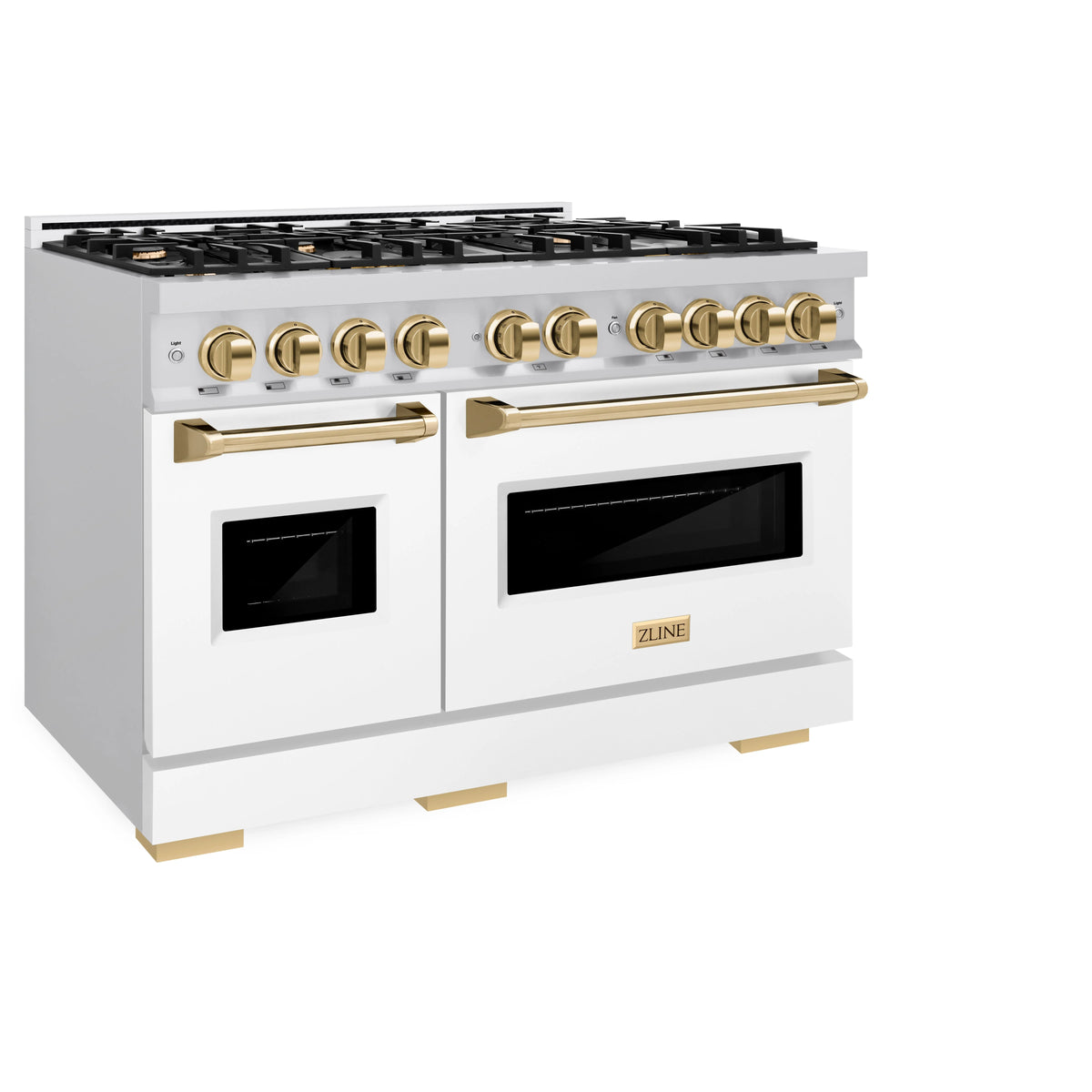 ZLINE - Autograph Edition 48 in. 6.7 cu. ft. Classic Double Oven Gas Range with 8 Burner Cooktop in Stainless Steel with White Matte Doors and Polished Gold Accents